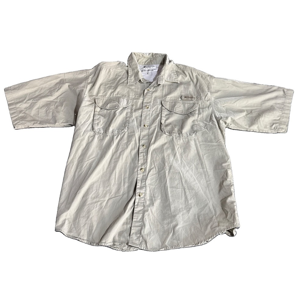 COLUMBIA PFG Fishing Shirt Mens Large Beige Short Sleeve Vented Utility